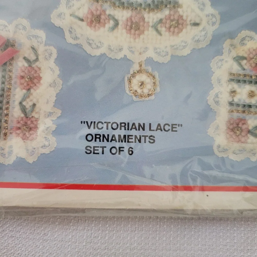 Bucilla Plastic Canvas Kit Pink Victorian Lace Ornaments 61093 Set of 6 Grandma